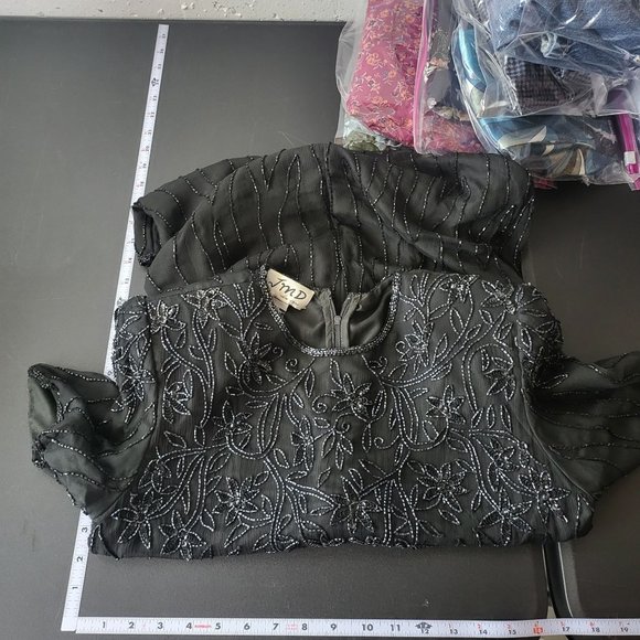 Vintage JMD Womens Black Beaded Short Sleeve Silk Midi Dress Size Small Glam - Picture 7 of 10